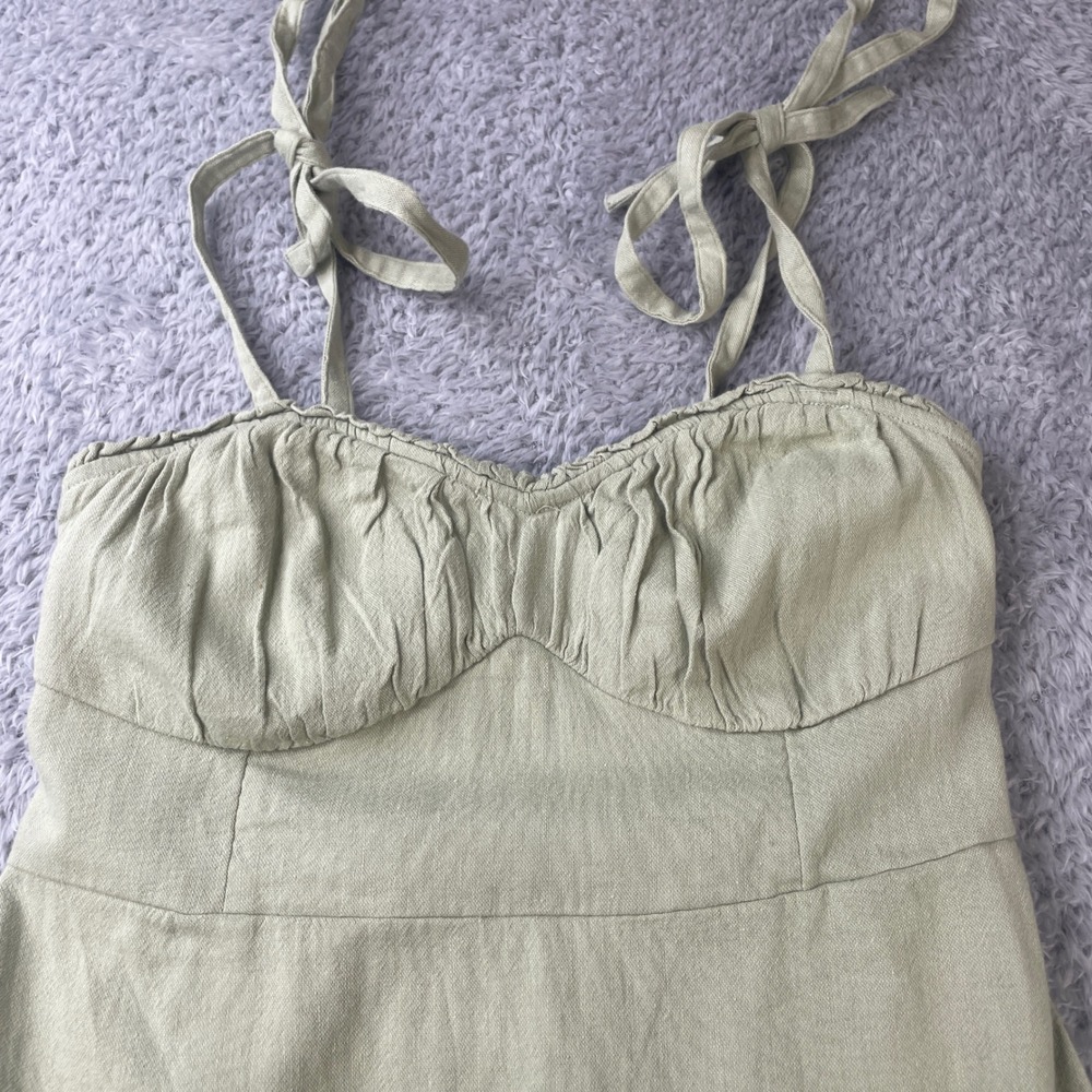 Hollister Mini Dress Women M Sage Smocked Tie Strap Milkmaiden Boho Linen Blend - Picture 2 of 7